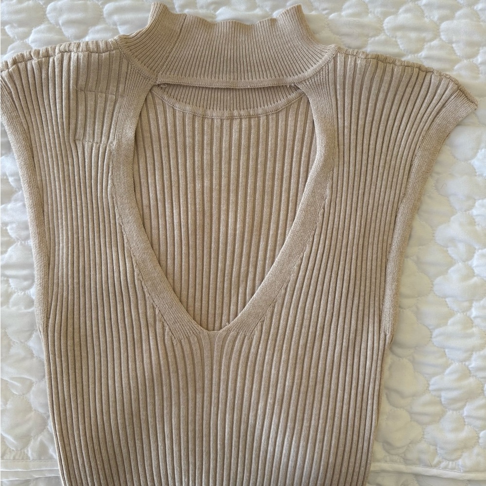 Tan Ribbed Sheath Dress Mock Neck - Picture 5 of 9